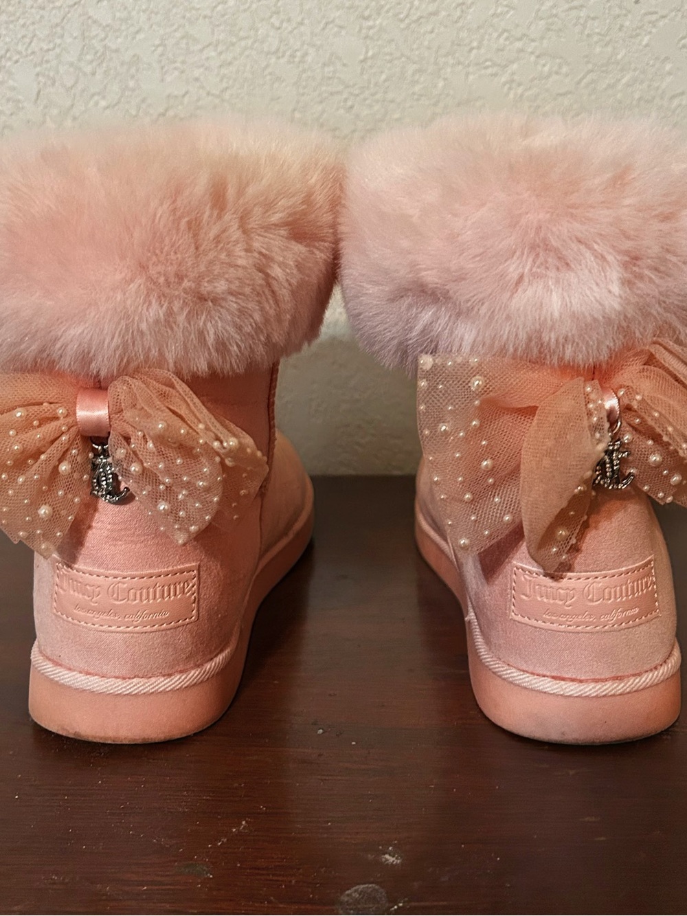Ladies Juicy Couture Pink Faux-Fur Bow Ankle Boots